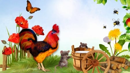 Bright Rooster - free range, cart, butterflies, flowers, Firefox Persona theme, rooster, garden, ranch, mice, farm, sky