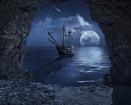 BEAUTIFUL NIGHT - moon, stars, sky, ocean, night, ship, reflection, clouds, cave