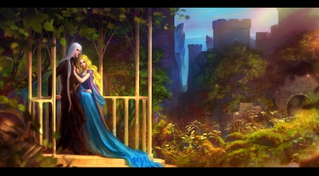 Come to me - yellow, blue, girl, come to me, man, elf, fantasy, anndr-kusuriuri, couple, art, luminos