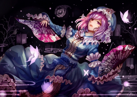 Saigyouji Yuyuko - saigyouji yuyuko, anime, blue, girl, fan, pink, manga, kiyomasa ren, touhou, purple, butterfly