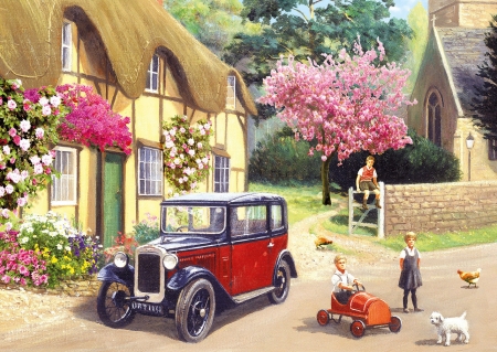 The country bus - cottage, trevor mitchell, the country bus, child, spring, painting, art, children, car, pink, red, vintage, pictura, tree, retro