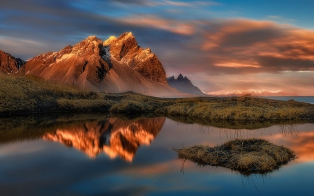 Stokksnes Vestrahorn Mountain in Iceland - clouds, water, sea, reflection, sky