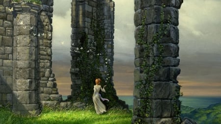 Ruins - art, girl, luminos, green, michael whelan, fantasy, ruin