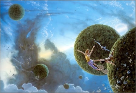 Fantasy - cloud, bird, girl, michael whelan, blue, art, sky, fantasy, planet, luminos