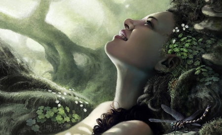 Forest nymph - forest nymph, girl, flower, fantasy, smile, green, woman, art, dragonfly