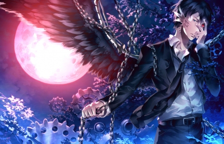 Tagme - moon, chain, angel, fantasy, spring, sunkumo, sakura, tagme, pink, man, luminos, blue, anime, luna, manga