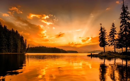 Mountain lake at dawn - amazing, island, sunrise, forest, reflection, mountain, dawn, mirror, lake, golden, sky, trees, beautiful, glow, tranquility, serenity, fiery