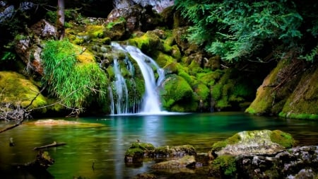 Waterfall - waterfall, lake, nature, green