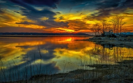 Orange sunset - nature, lake, sunset, sea