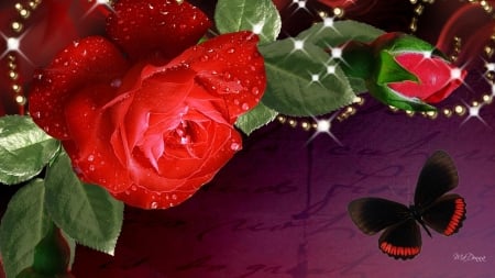 Lovely red roses - love, red, leaves, Roses