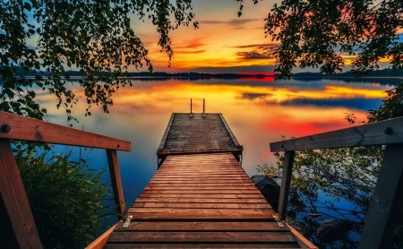 Lake Sunset - nature, lake, sunset, platform