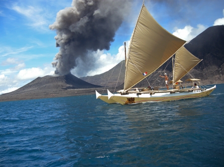 Volcanic Eruption Near Rabaul, Papua New Guinea - sailboat, ash, sea, mountains, sky