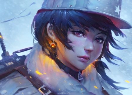 Radio - hat, girl, guweiz, winter, fantasy, face, art, yellow, luminos, blue, anime, manga, radio