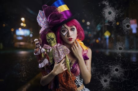 Clown - hat, clown, woman, model, girl, asian, pink, toy