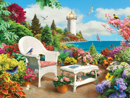 Lighthouse - summer, lighthouse, flower, bird, chair, art, white, pictura, pasare, sea, vara, painting