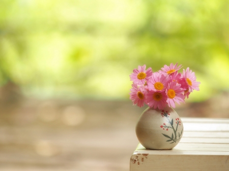 Little flowers in vase - vase, green, little, flower, pink