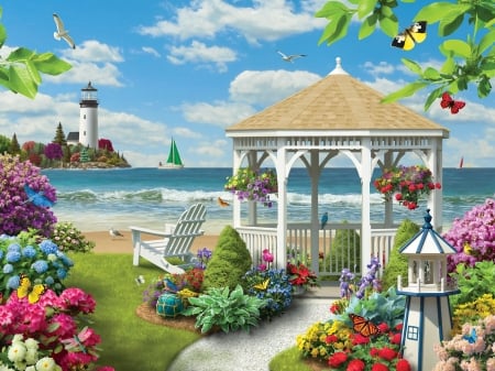 Pavilion - lighthouse, vara, summer, seagull, bird, painting, art, butterfly, pavilion, pictura, sea, flower