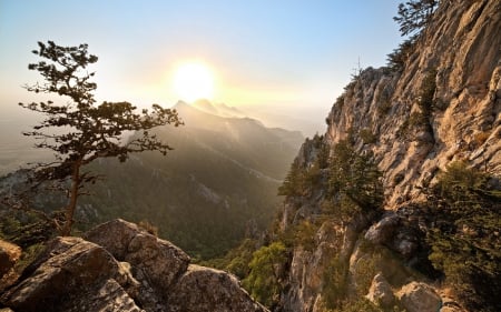 Mountain landscape - mountains, sky, trees, rocks