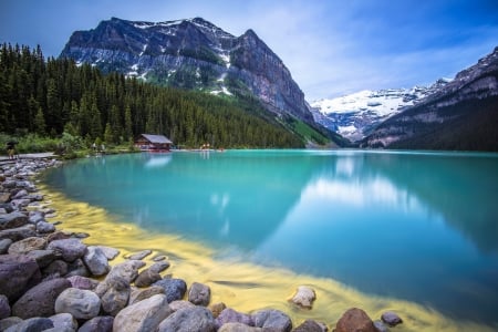 Mountain lake - lake, house, stones, montains