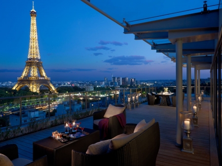 Evening in Paris - tables, veranda, sofa, eiffel tower, lighty, armchairs, buildings