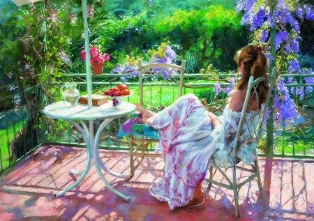 Under wisteria - woman, girl, vicent romero, painting, wisteria, art, blue, pictura, flower