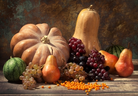 Autumn Still Life 5 - grapes, food, harvest, gourds, Autunm, pumpkin