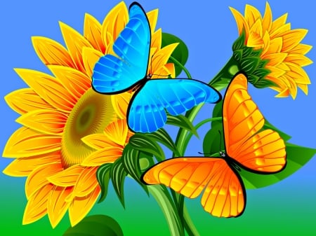 Dancing To The Sun - Sunflowers, Sun, Butterflies, Blue Sky