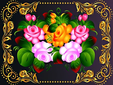 Framed Colors - Frame, Golden, Black, Flowers