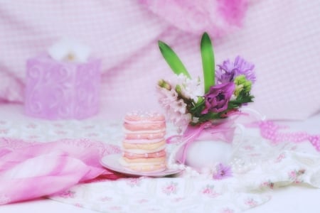 Still life - sweets, purple, pink flowers, biscuits, still life