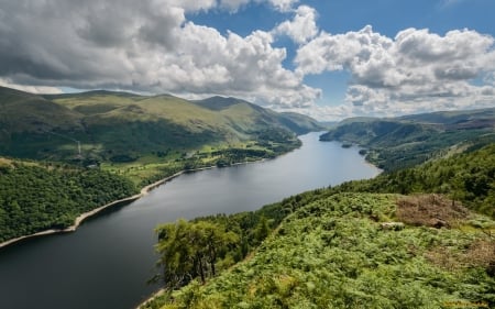 lake - hills, sky, clouds, river