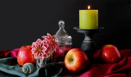 STILL LIFE - candle, shell, flowers, fruit