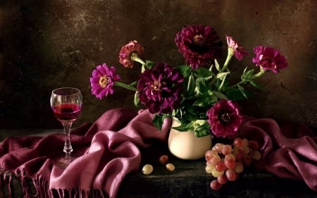 STILL LIFE - flowers, vase, petals, fruit