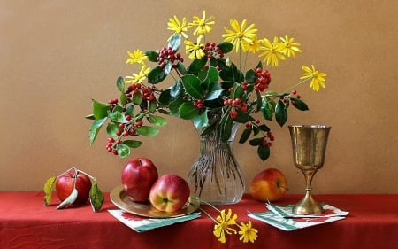 FLOWERS - flowers, leaves, apples, still life