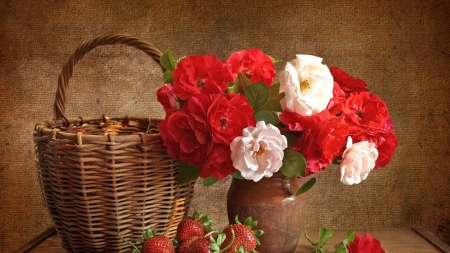 STILL LIFE - flowers, vase, basket, fruit