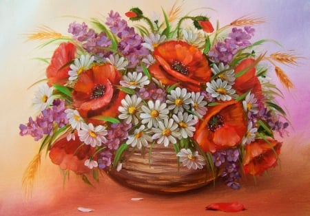 FLOWERS - peonies, flowers, daisies, basket, colors