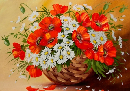 FLOWERS - peonies, basket, daisies, petals