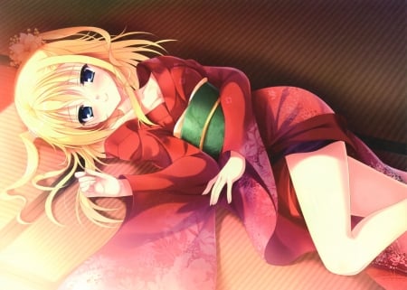 Yukata - nice, beauty, female, blond, anime girl, laying, blond hair, pretty, blonde hair, anime, oriental, kimono, cute, girl, adorable, lay, lovely, kawaii, red, beautiful, yukata, sweet, blonde