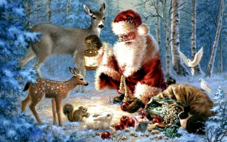 in forest - winter, forest, Santa Claus, animals