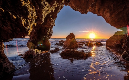 sunset in a cave - fun, nature, ocean, beach, cool, sunset