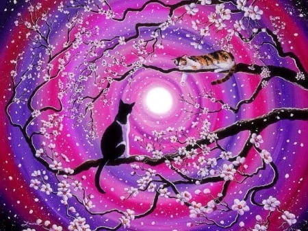 In Swirling Sakura - sakura, paintings, spring, colorful, moons, fantasy, kittens, cats, love four seasons, draw and paint, animals