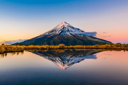 Mount Taranaki, New Zealand - volcano, lake, sunset, reflection