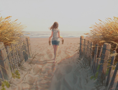 Sea Breeze - realistic, beauty, nice, beach, female, pant, blond, blond hair, pretty, blonde hair, walk, sand, scene, barefoor, fence, ocean, girl, shirt, walking, lovely, hd, beautiful, sweet, blonde