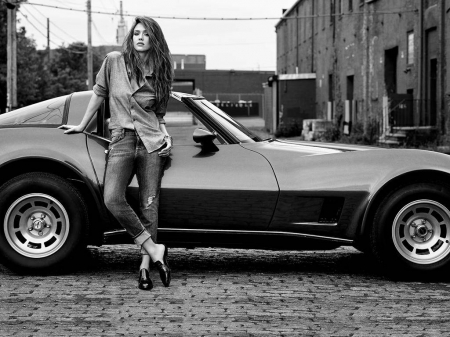 Jessica Alba - jeans, Alba, beautiful, Jessica, corvette, actress, 2016, Jessica Alba, model, wallpaper, black white