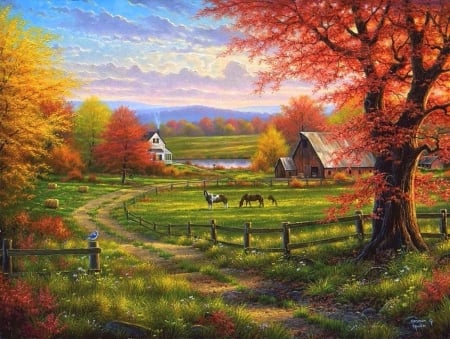 Peaceful Tranquility - trees, attractions in dreams, fields, paintings, colors, fall season, farms, nature, horses, autumn, love four seasons, rural