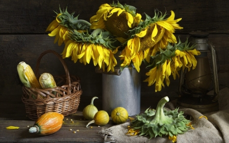 Still life - flowers, basket, sunflowers, autummn, butternut squash, still life