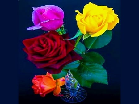 Roses and crystal - red, roses, pink, flowers, vase, yellow