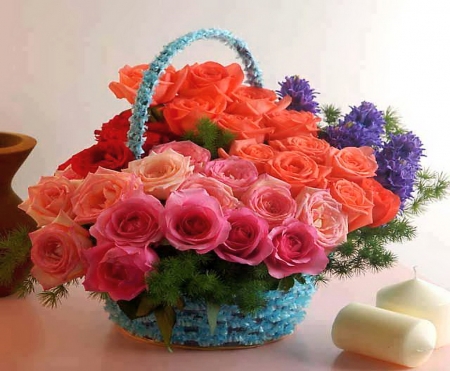 Wax and roses - basket, flowers, roses, candles