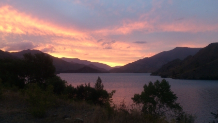 Lake Benmore, New Zealand, South Island - sky, mountains, landscape, clouds, sunset