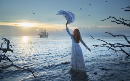 Good Bye! - water, summer, blue, ship, dress, girl, sea, creative, good bye, white, woman, model, vara