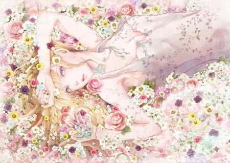 Beauty between flowers - summer, flower, pink, yakusoku, beauty, anime, girl, manga, white, luminos, vara